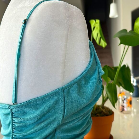 NWOT Free People Bodysuit Teal Loose Fit Ruched Tank S Stretchable Retro Thong - Picture 11 of 12